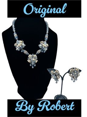Vintage Original by Robert Blue Crystal Pearl Necklace Earrings Set Pre 1955